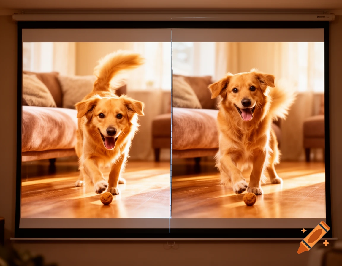 A golden-colored dog on a projection screen, split into two frames, looks happy and playful with a small ball on the floor.