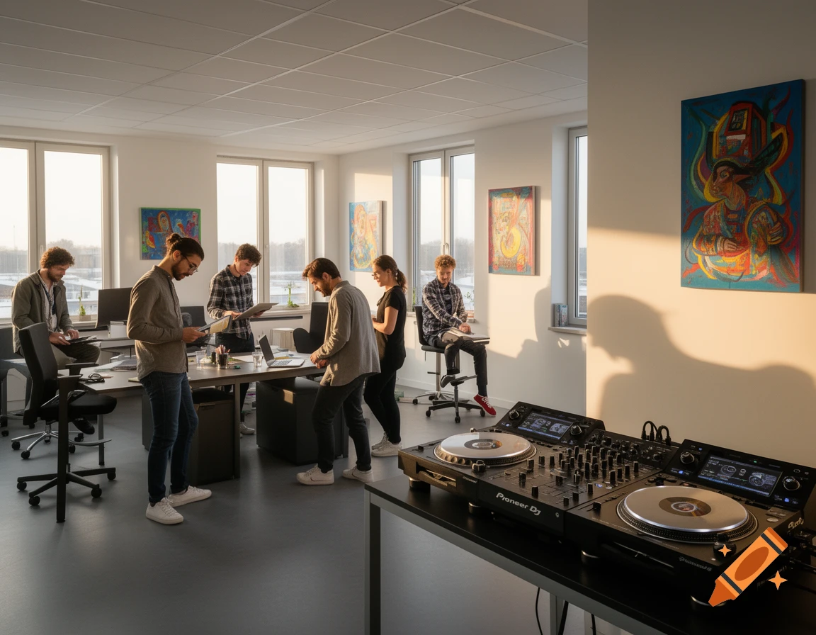 Photorealistic image of an open-plan office with people working, and a professional DJ setup in the foreground, bathed in afternoon sunlight.