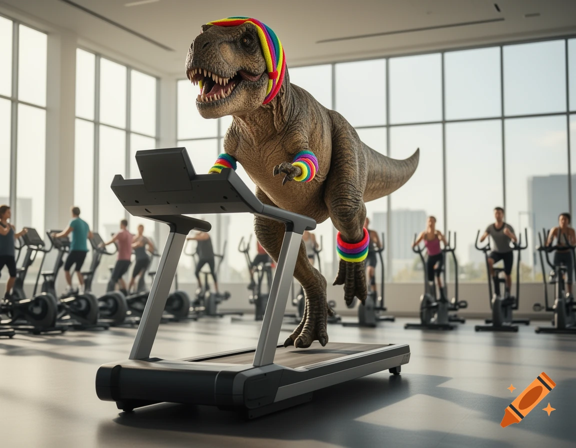 A photorealistic T-Rex wearing a rainbow sweatband on its head and wrists, running on a treadmill in a modern gym.