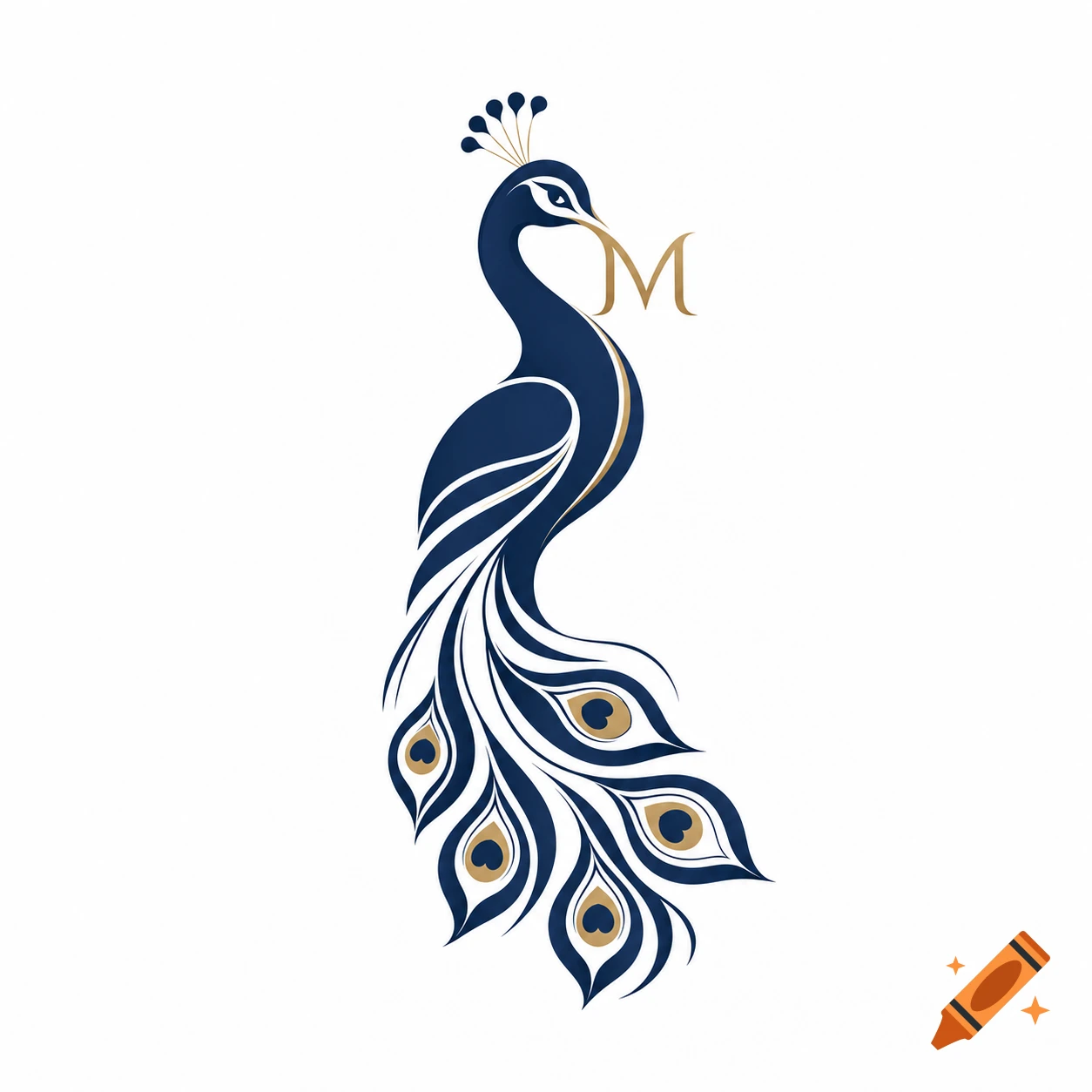 Minimalist deep blue and gold peacock logo with its beak forming a capital M on a white background.