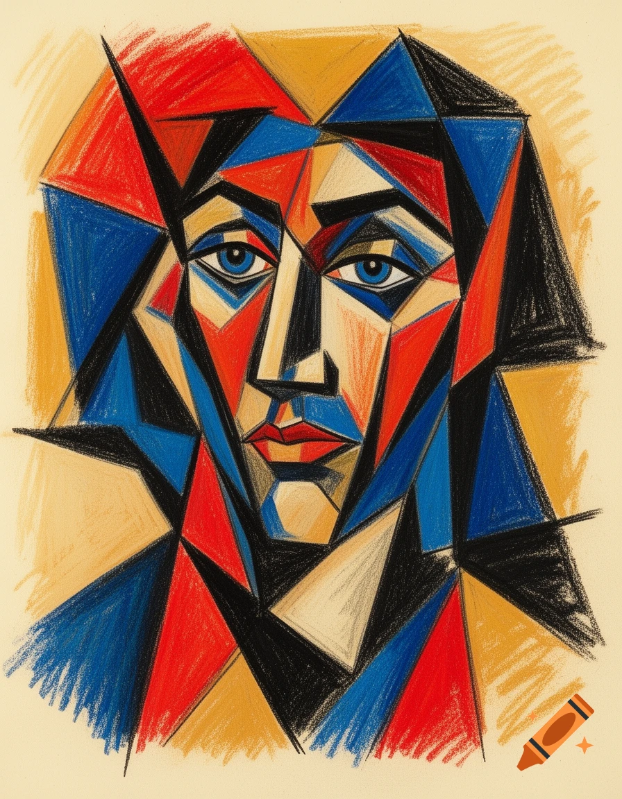 Abstract cubist portrait of a face with geometric shapes in red, blue, black, and yellow drawing.