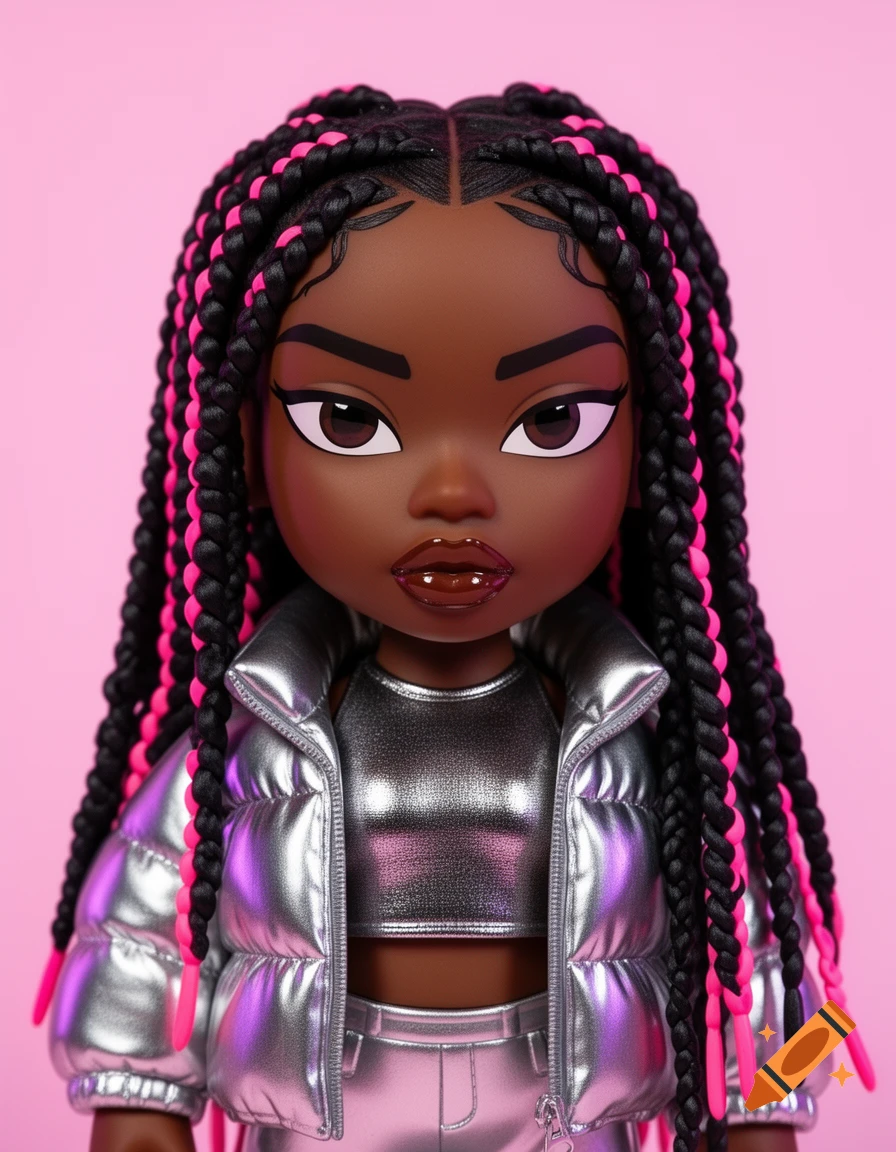 Close-up of a stylish Black girl vinyl art toy with black and pink box braids, a silver puffer jacket, and metallic crop top against a pink background.