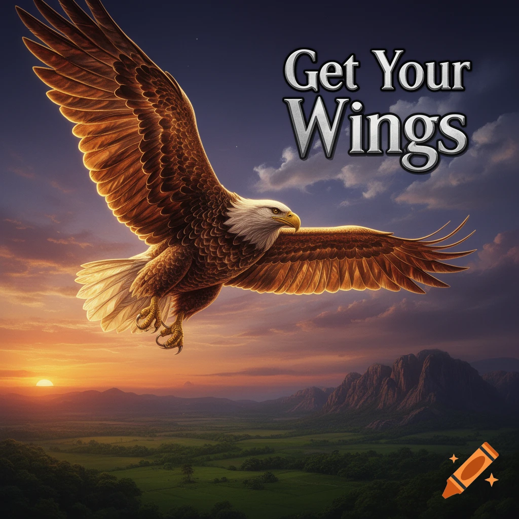 A majestic bald eagle soars with spread wings over a scenic mountain valley at sunset, with the text 'Get Your Wings' in the sky.