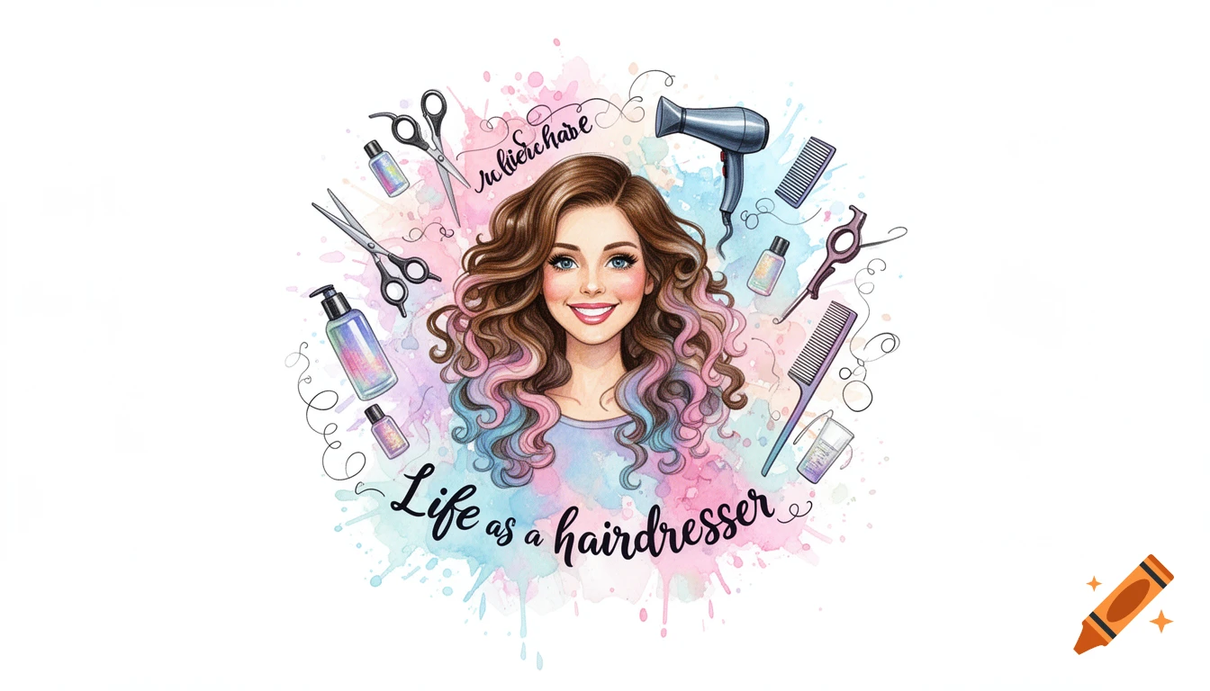 Watercolor illustration of a smiling woman with wavy, multi-colored hair surrounded by salon tools like scissors, combs, and a hairdryer, with watercolor splashes in pink and blue. Text reads "Life as a hairdresser".