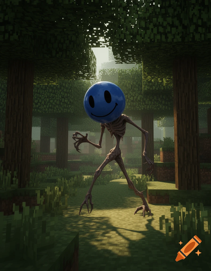 A tall, lanky creature with a skeletal body and a large blue smiley face for a head stalks through a pixelated Minecraft-style forest.