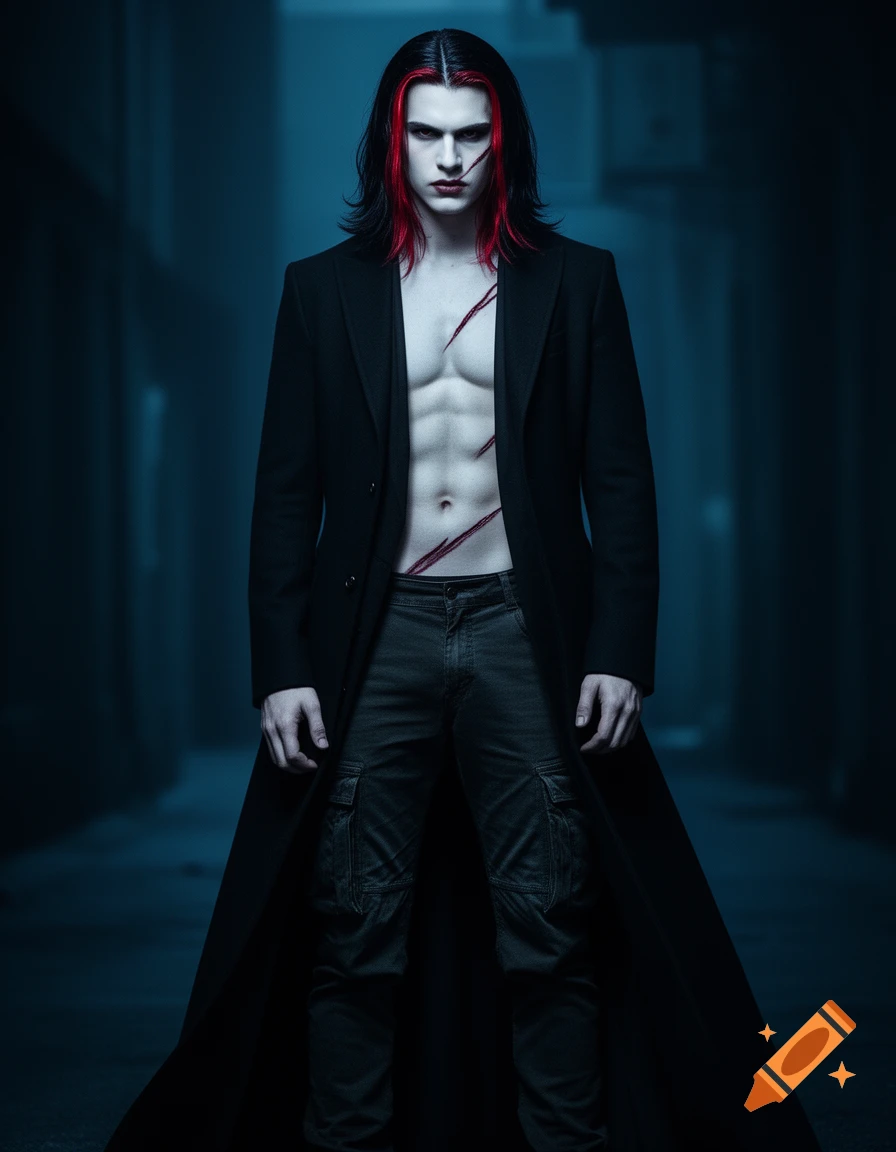 A gothic male model with black and red hair, red lips, and stylized scars on his face and bare chest, in a dark setting.