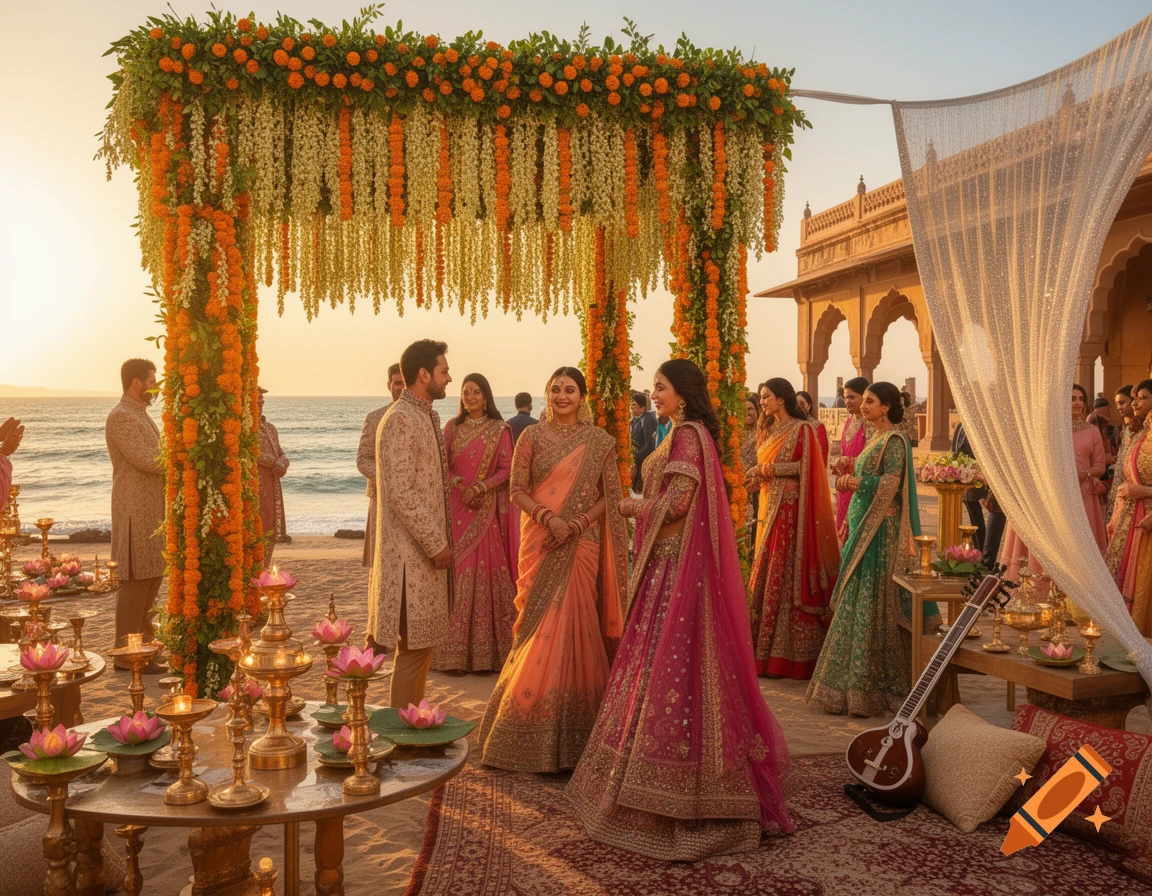 Photorealistic image of an Indian destination wedding on a beach at sunset, with guests in traditional attire under a floral arch.