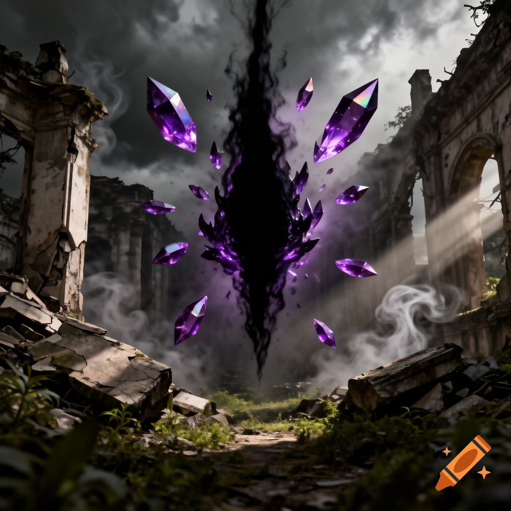 A vertical tear of darkness with glowing purple crystals floats amidst crumbling ancient ruins, in a dark fantasy style.