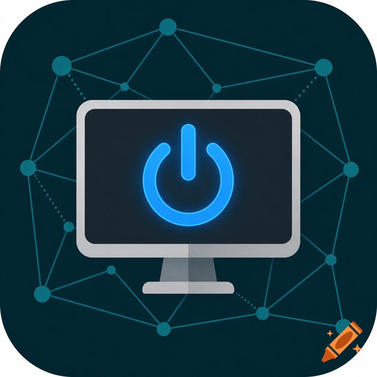 An application icon with a computer monitor displaying a glowing blue power symbol against a dark background with a network pattern.