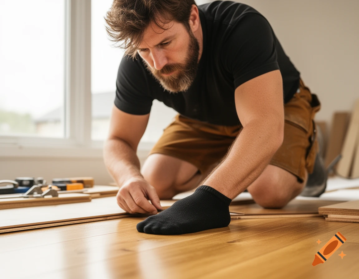 A bearded man kneels to install wooden floorboards, wearing a black t-shirt, brown shorts, and black toe socks.