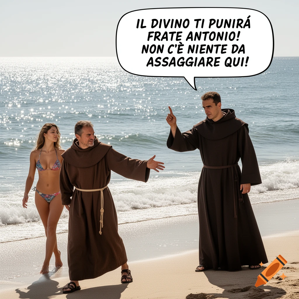 A friar on a sunny beach admonishes another friar for looking at a woman in a bikini, with a speech bubble above him.