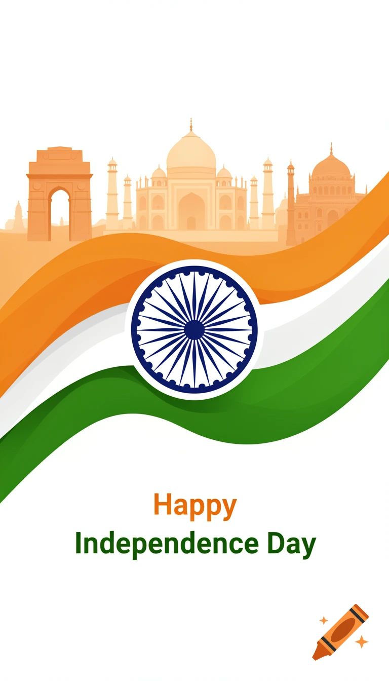 Modern graphic celebrating India Independence Day with wavy flag colors, Ashoka Chakra, landmark silhouettes, and 'Happy Independence Day' text.