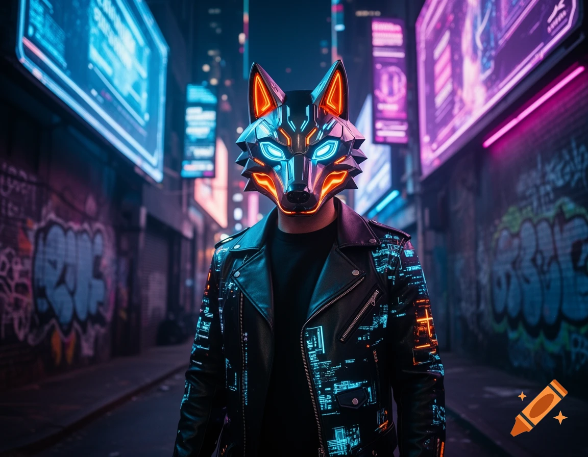 A person in a black leather jacket and a glowing blue and orange cyberpunk wolf mask stands in a neon-lit, graffiti-covered alley.