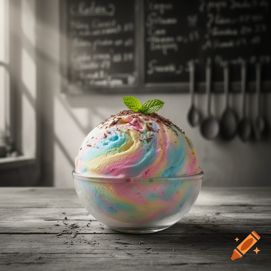 Rainbow ice cream with chocolate and mint in a bowl on a wooden table, blurred cafe background.