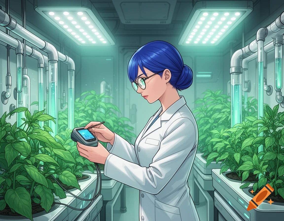 Manga-style female scientist in a lab coat and glasses, examining plants in a hydroponic system with LED lights.