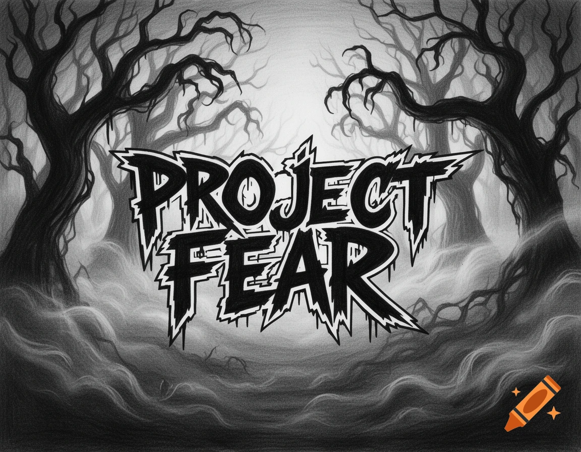 A spooky black and white drawing of gnarled trees in a foggy forest with the stylized text 'PROJECT FEAR' in the center.
