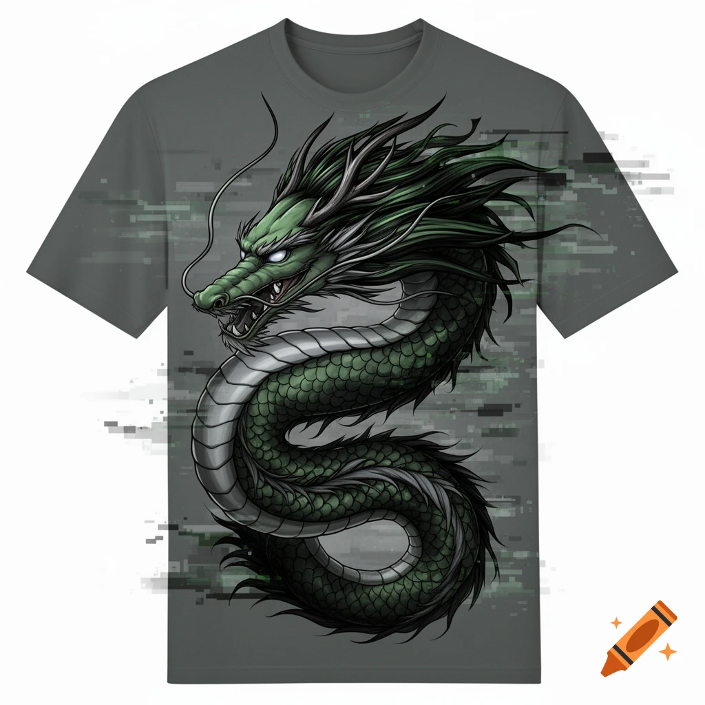 A grey t-shirt features a large, vibrant green Japanese dragon with glowing eyes and a glitch effect background.