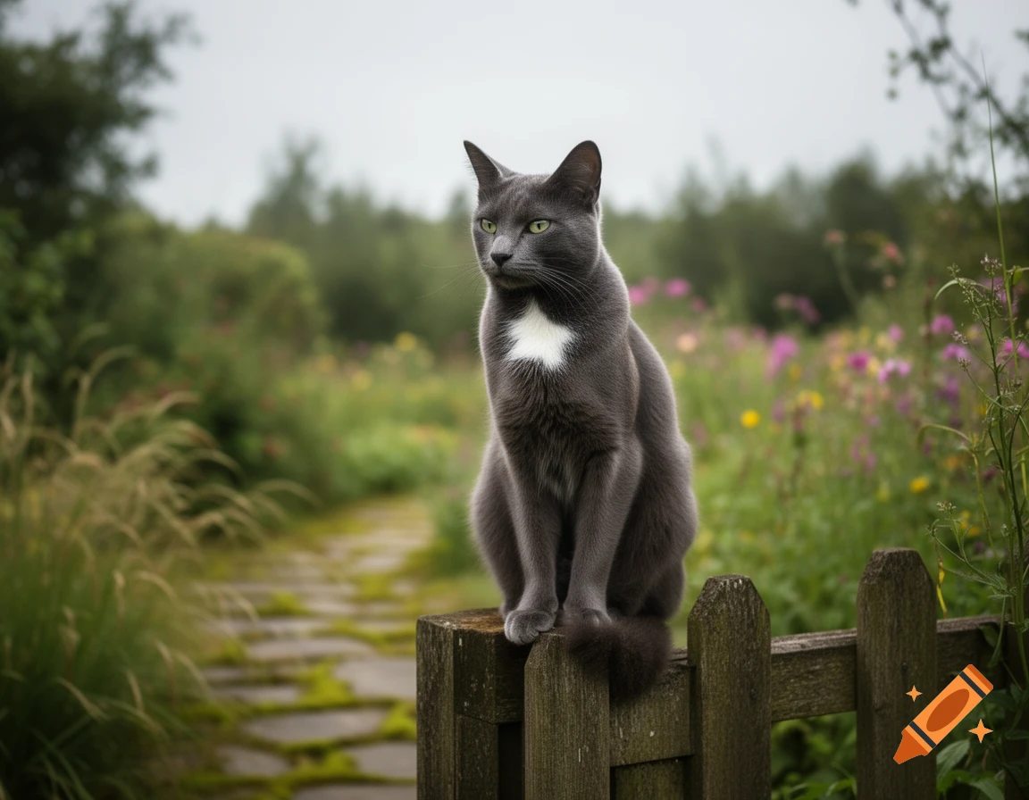 A photorealistic gray cat with green eyes and a white chest patch sits on a wooden fence in a lush garden with a stone path and wildflowers.