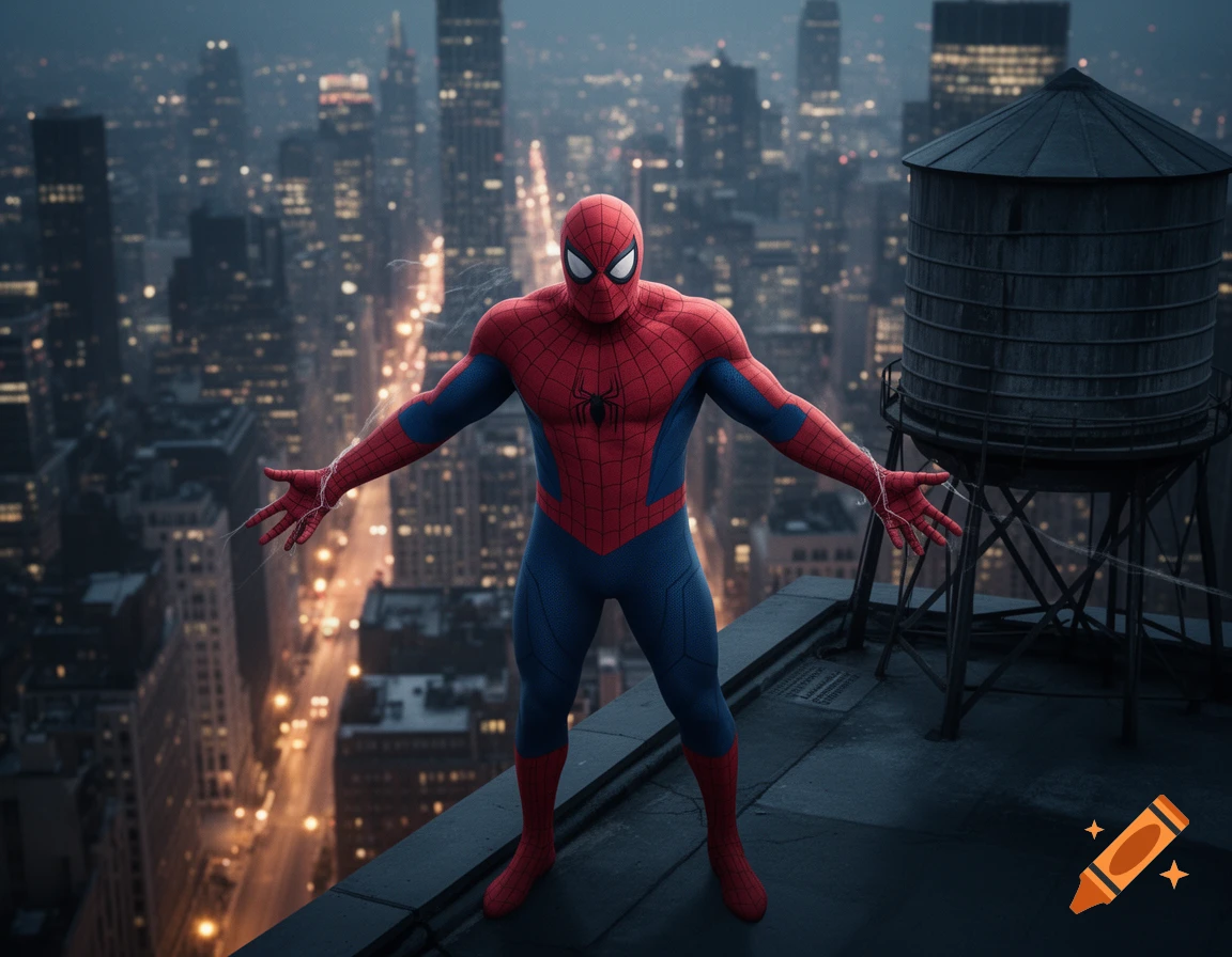Spider-Man stands on a city rooftop with arms outstretched, overlooking a sprawling city at dusk.