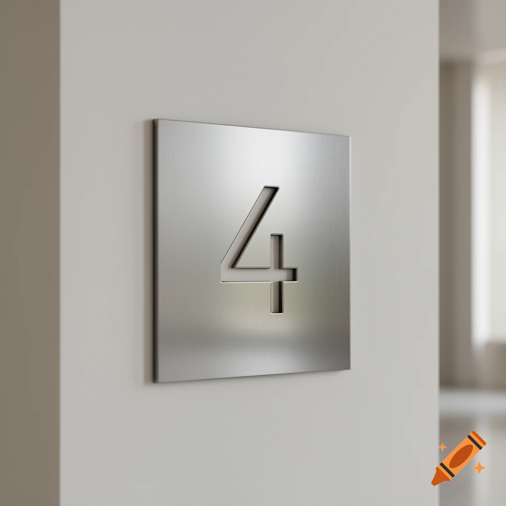 A close-up of a square silver metallic plate with the number 4 cut out, mounted on a light gray wall.