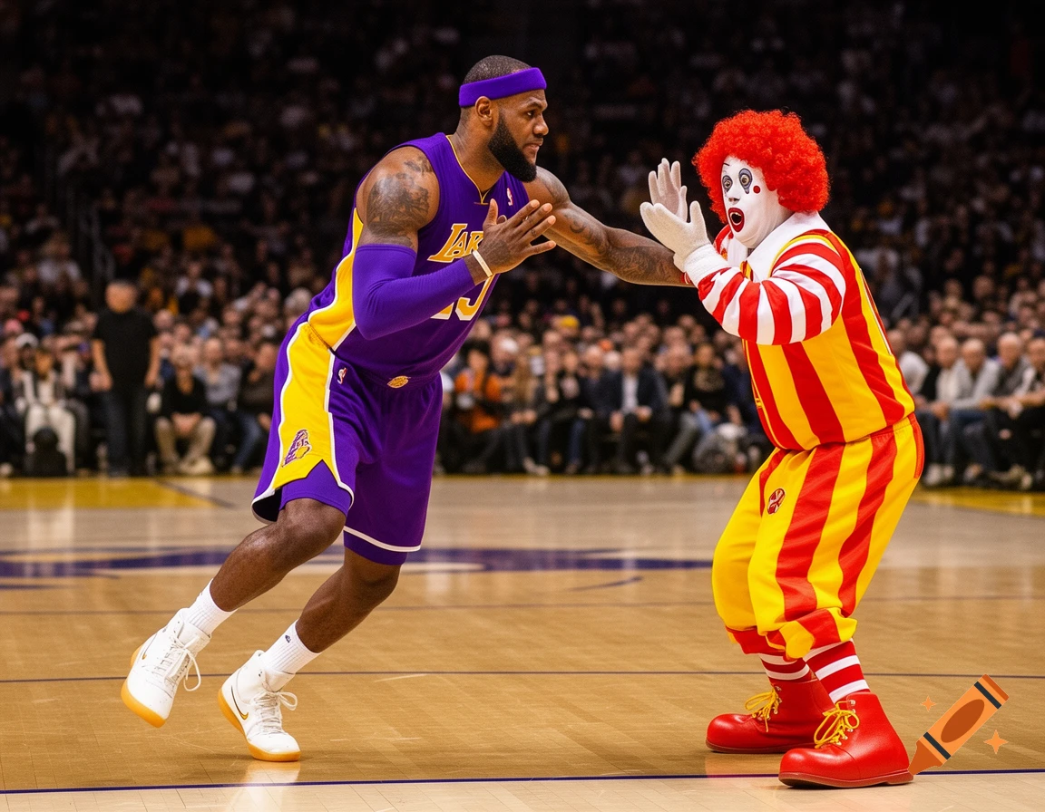 LeBron James in a purple Lakers uniform faces Ronald McDonald in a striped clown suit on a basketball court, with a crowd in the background.