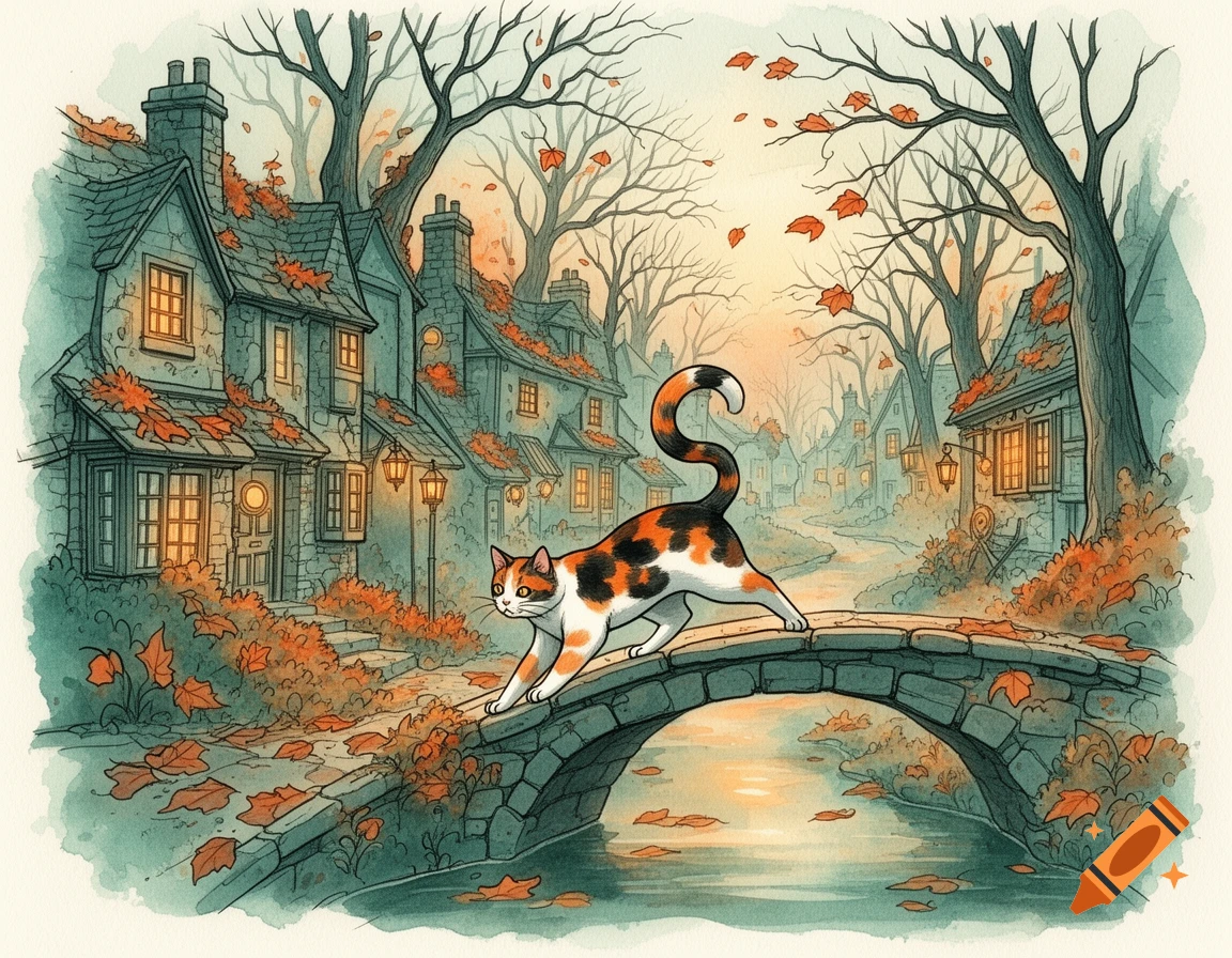 A calico cat crosses a stone bridge over a canal in an autumnal watercolor village with glowing windows.