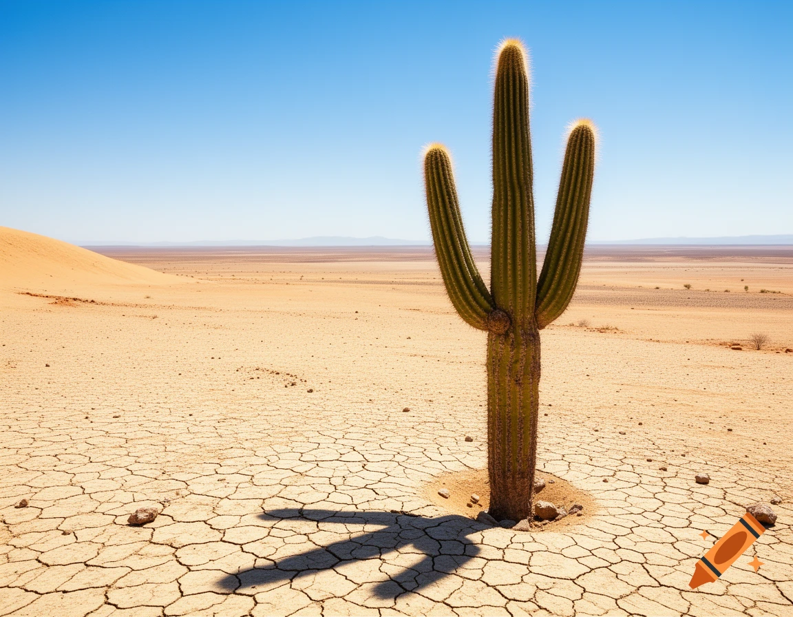 A tall, green saguaro-like cactus stands prominently in a vast, cracked desert under a clear blue sky, with a sand dune in the distance.