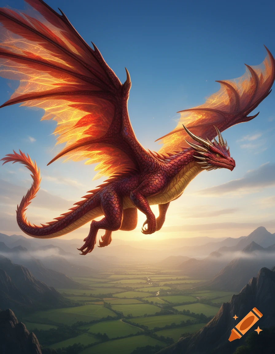 A magnificent red dragon with glowing wings soars through a sunny sky above a lush green valley and mountains at sunset.