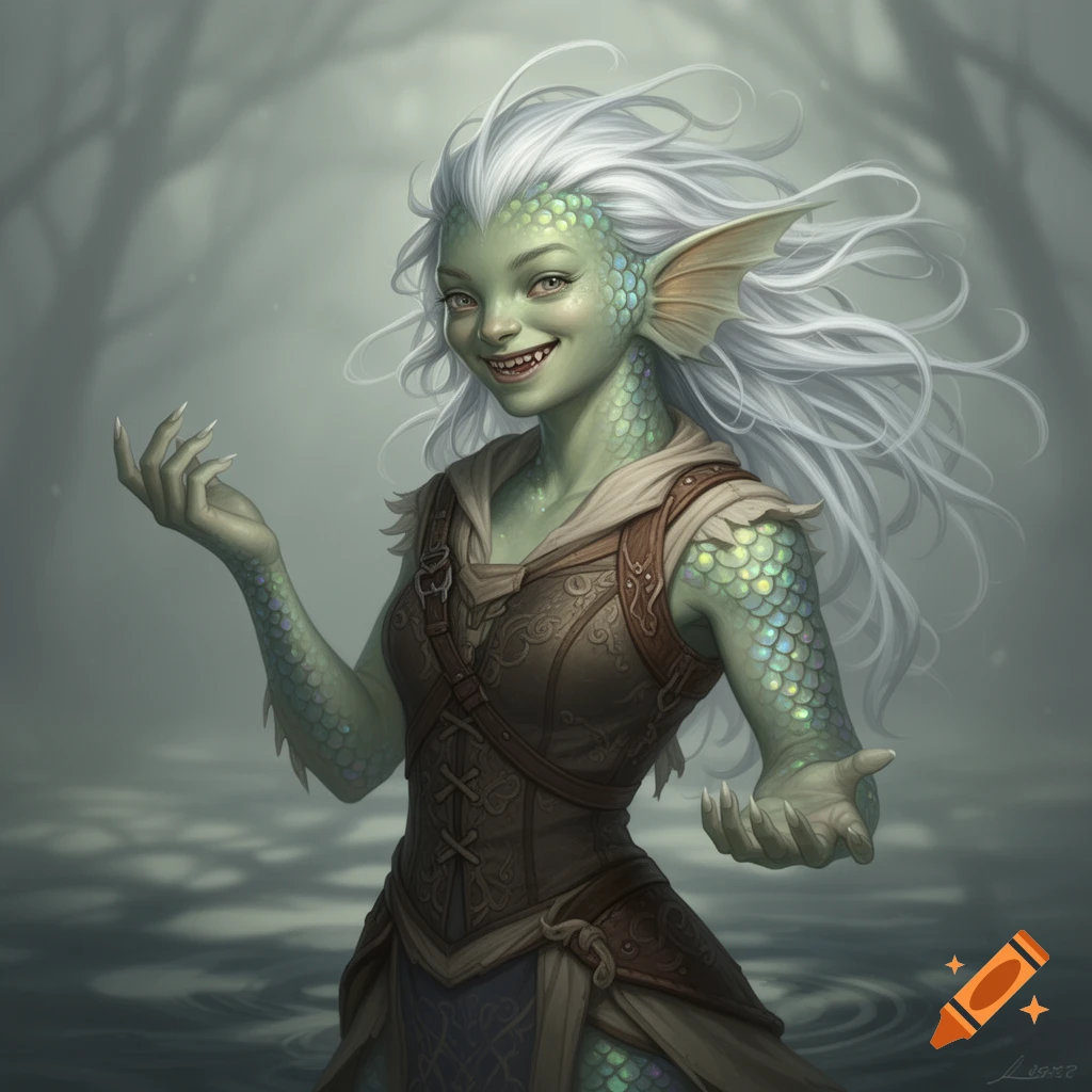 A smiling, light green-skinned fish person with white hair and scales, wearing fantasy attire, stands in a misty forest.