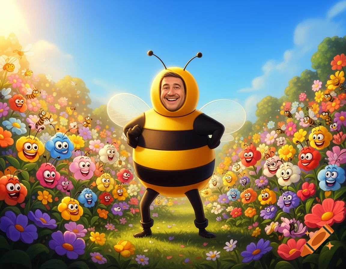 A man in a funny bee costume grins widely in a vibrant cartoon flower garden filled with smiling, expressive flowers.