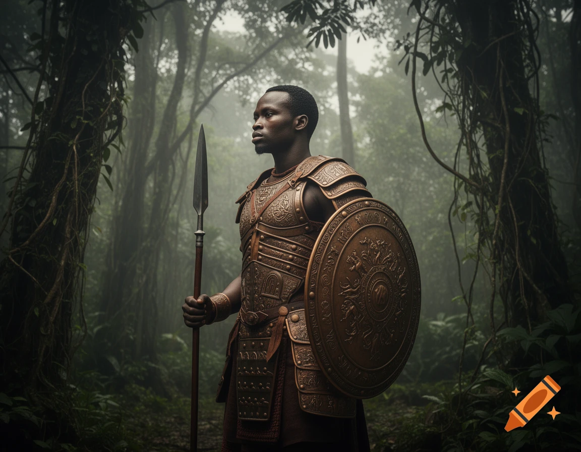 An African warrior in ancient Benin-style armor holds a spear and shield, standing in a misty jungle.