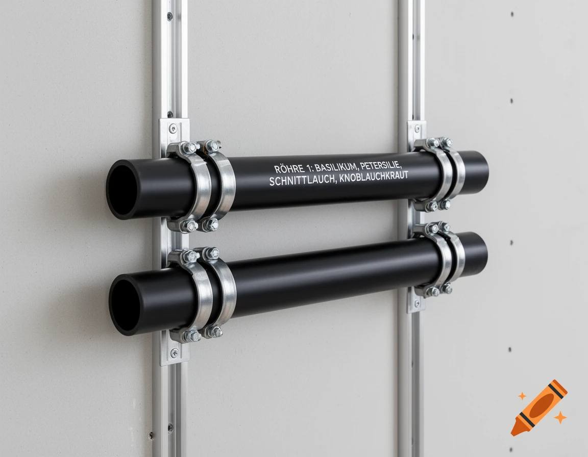 Two black pipes with labels, 'RÖHRE 1: BASILIKUM, PETERSILIE, SCHNITTLAUCH, KNOBLAUCHKRAUT', mounted horizontally on a light grey wall with metal clamps and vertical aluminum profiles, photorealistic.