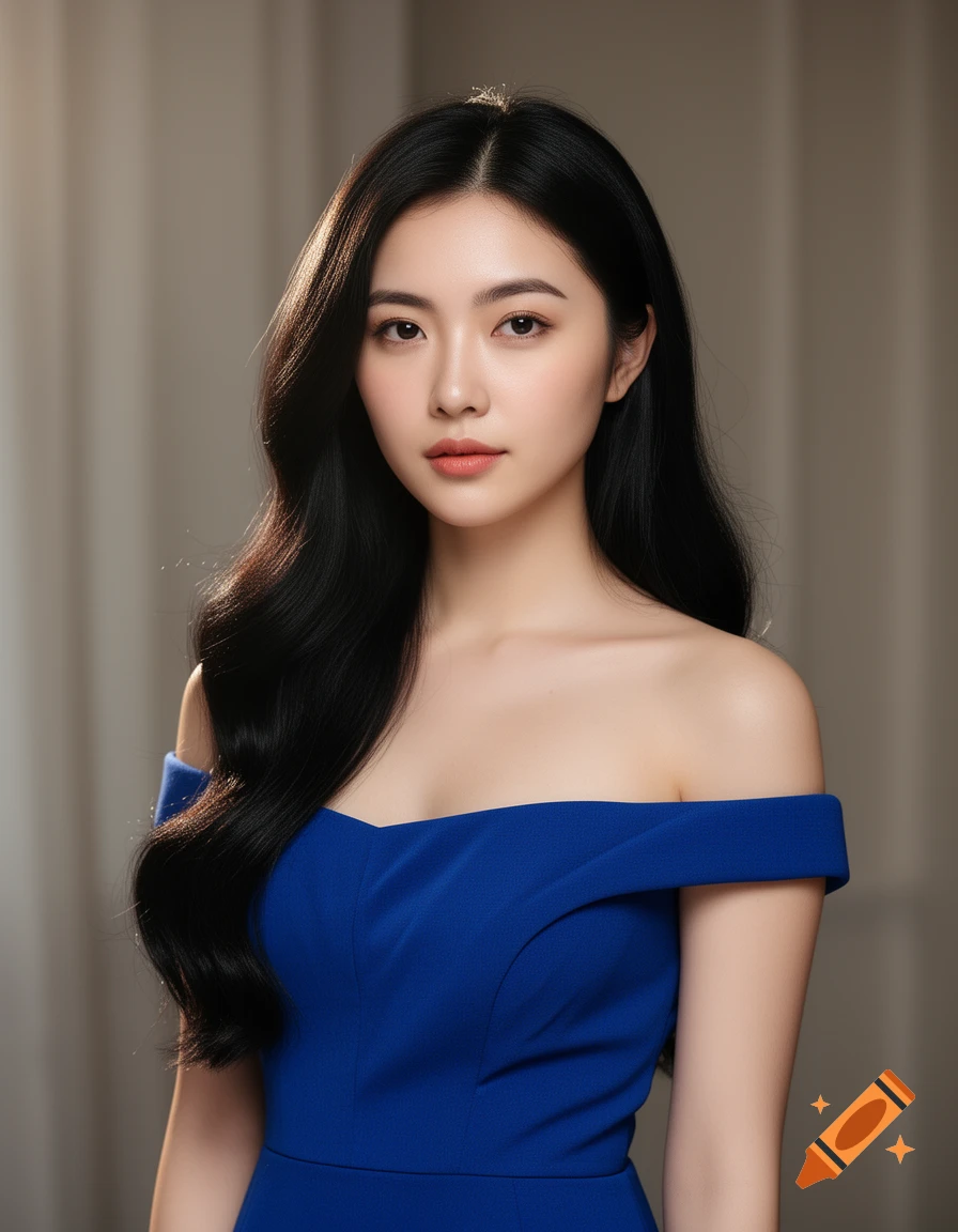 A photorealistic portrait of a young woman with long black hair, wearing a blue off-the-shoulder dress.