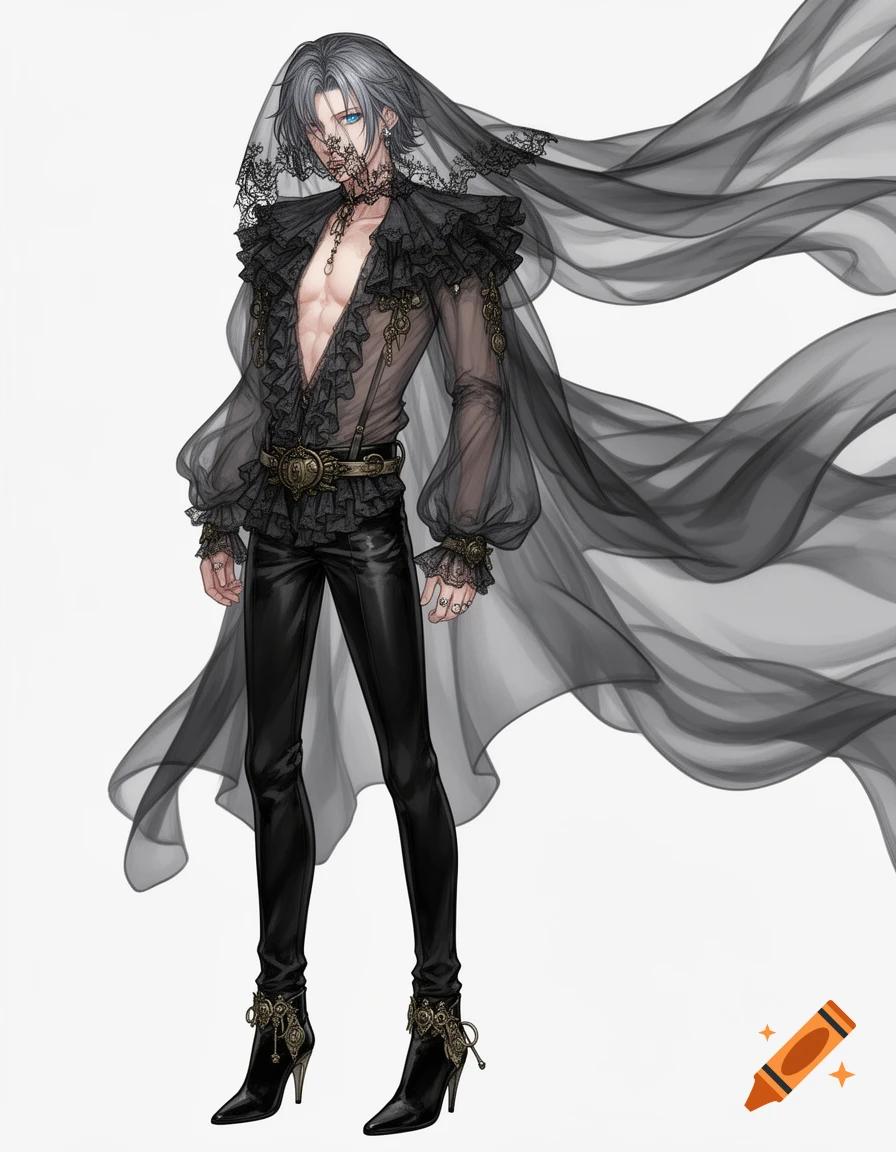 Anime-style young man with gray hair and blue eyes, wearing an ornate black gothic outfit, sheer ruffled shirt, and a flowing lace veil.