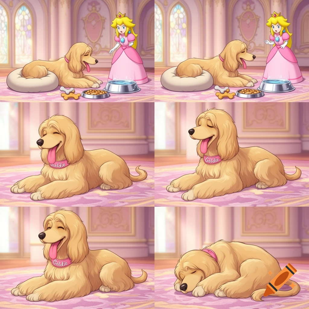A 6-panel cartoon showing Princess Peach with a golden dog named Goldie in a castle. Goldie pants, then rests on a bed.