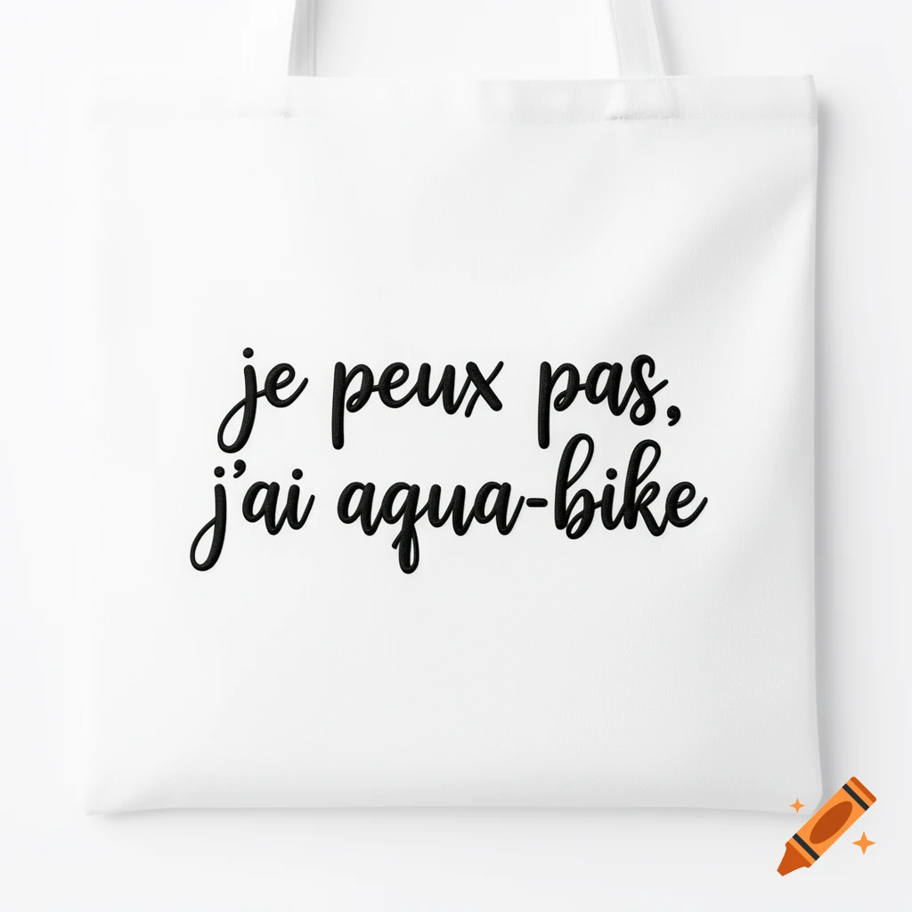 A white tote bag with black cursive French text that reads "je peux pas, j'ai aqua-bike".