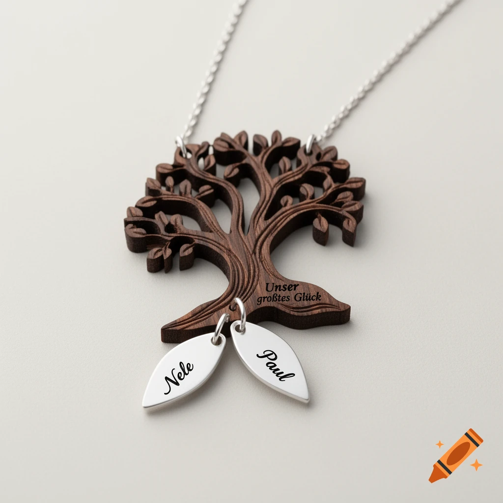 Close-up of a wooden tree of life necklace with a silver chain and two silver leaves engraved 'Nele' and 'Paul'. The tree is engraved with 'Unser größtes Glück' against a light background.