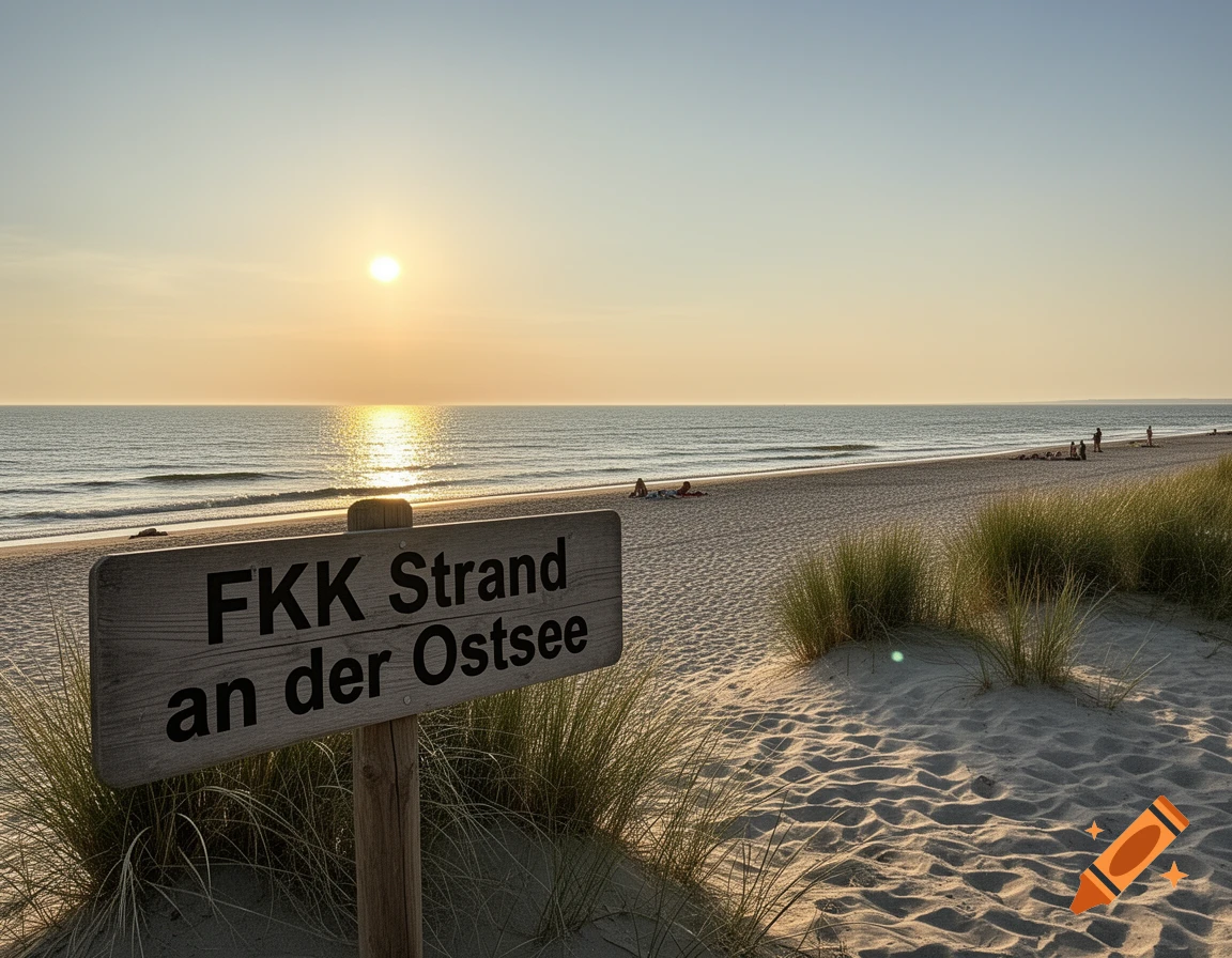 A wooden sign reading 'FKK Strand an der Ostsee' on a sandy beach at sunset.