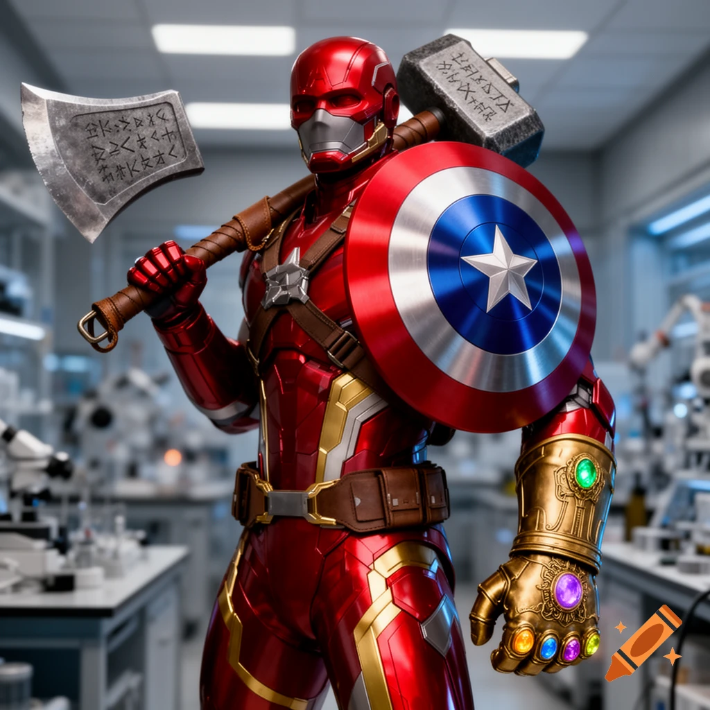 A superhero in a red and gold suit with a Captain America shield, Infinity Gauntlet, Thor's hammer Mjolnir, and Stormbreaker axe.