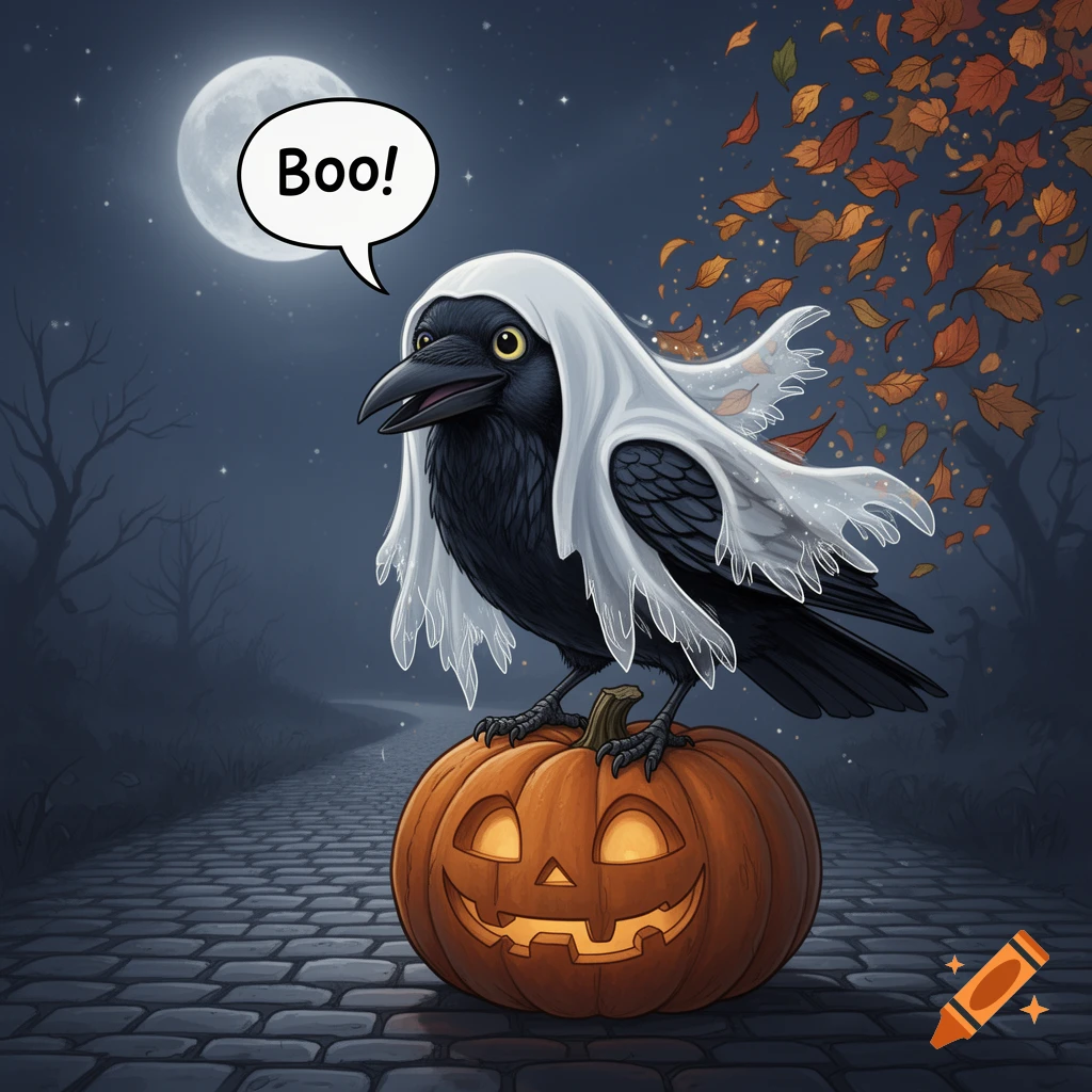 A cute crow in a ghost costume perches on a glowing jack-o'-lantern under a full moon, saying 'Boo!'.