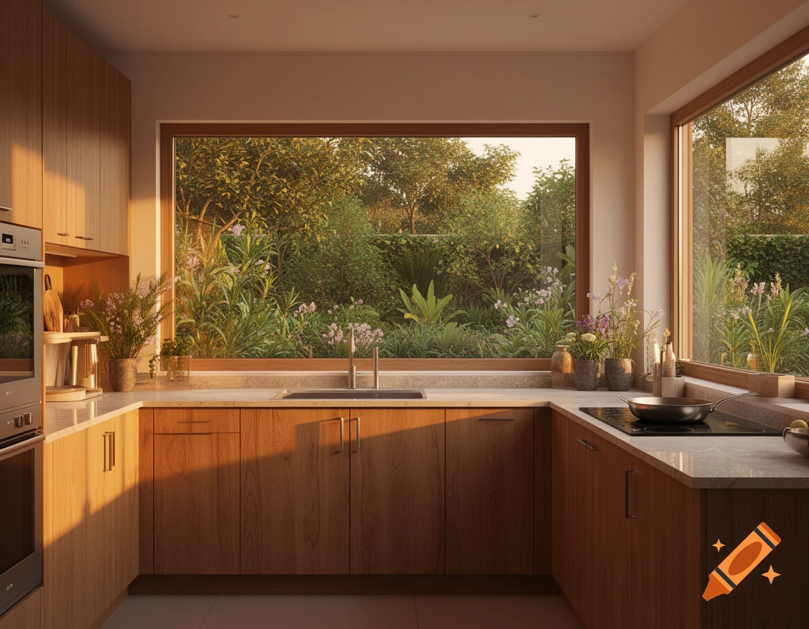 A photorealistic modern kitchen with wooden cabinets, a large window looking out onto a lush green garden, bathed in warm golden hour sunlight.