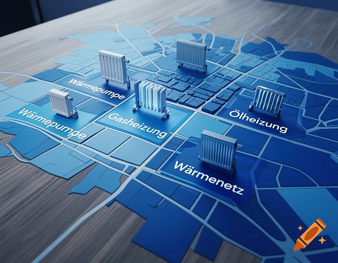 3D render of a blue city map on a wooden table, featuring miniature radiators labeled with heating technologies like Wärmepumpe and Gasheizung.