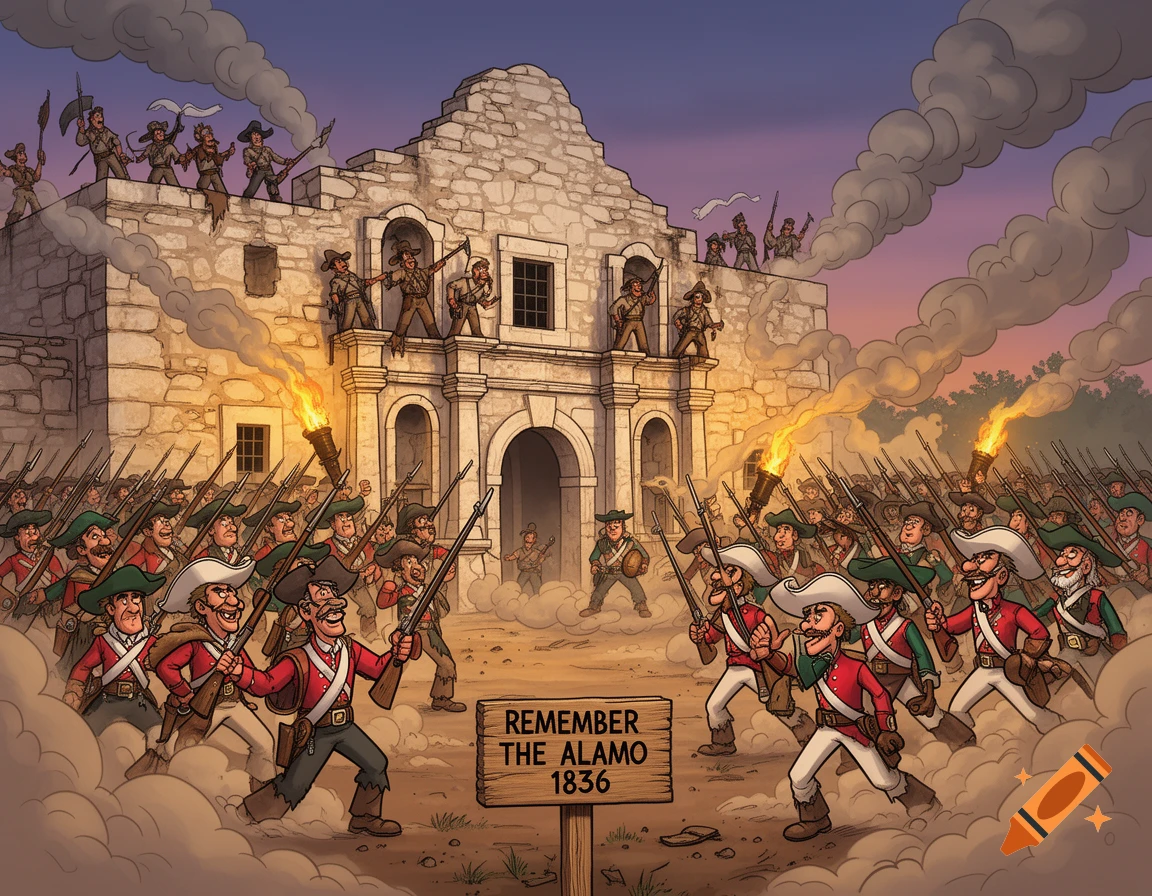 Cartoon of a historical battle scene at the Alamo, with soldiers firing muskets. A sign reads "Remember the Alamo 1836".