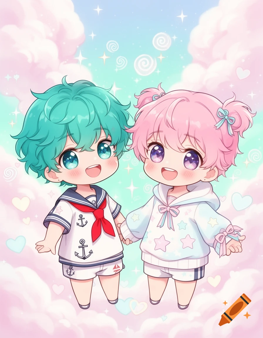 Two kawaii chibi children, one with teal hair in a sailor suit, the other with pink hair in a hoodie, holding hands against a pastel cloudy sky.