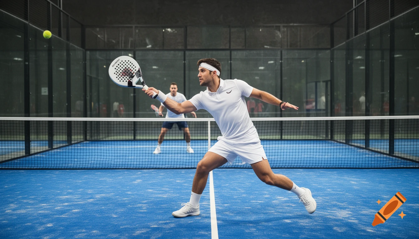 Two men playing padel on a blue court, one mid-swing hitting a ball with a racket, the other in the background.