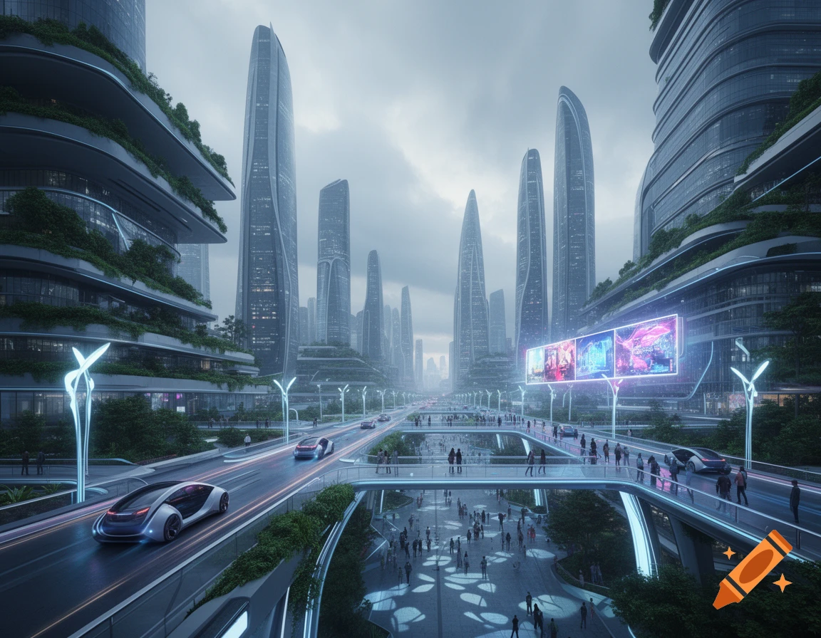A futuristic city under a cloudy sky, with sleek skyscrapers, elevated highways with autonomous cars, and pedestrian walkways.
