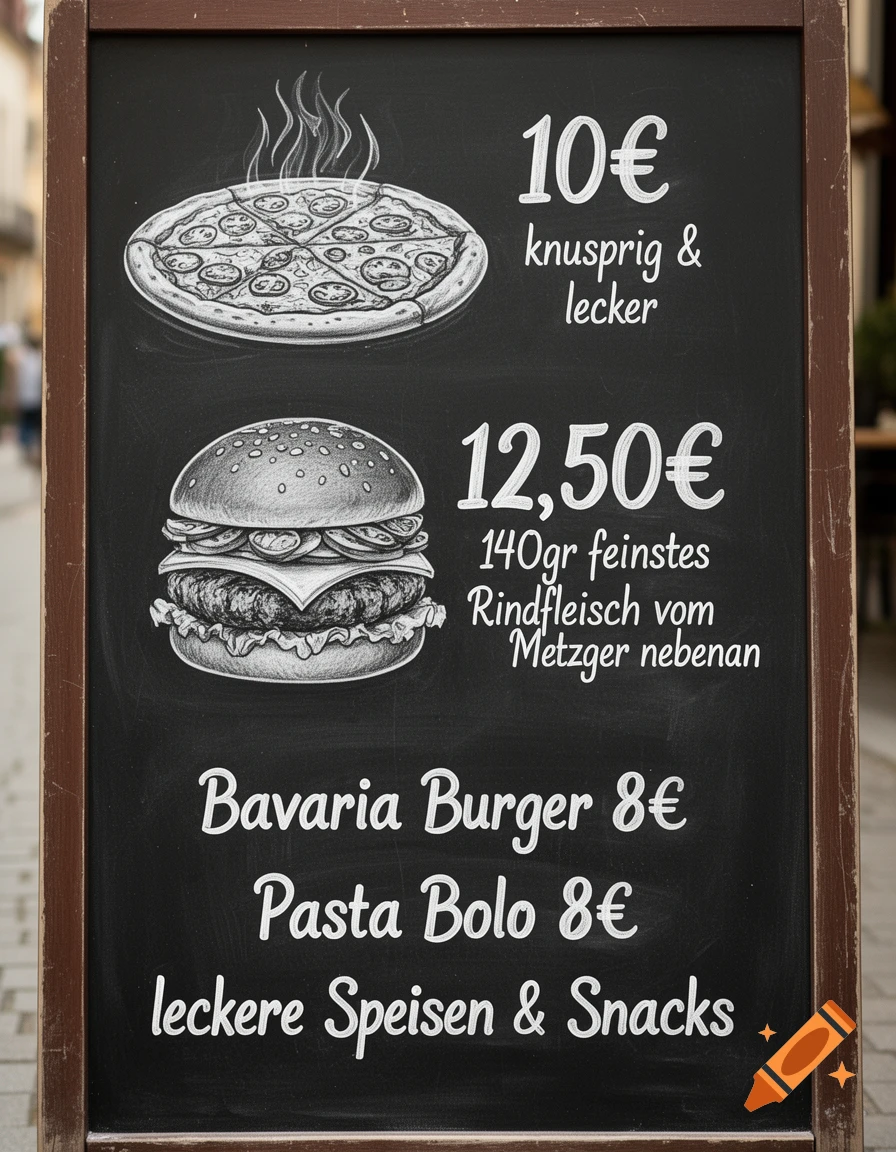 A chalkboard sign with white chalk drawings of a pizza and a burger, along with prices and menu descriptions in German.