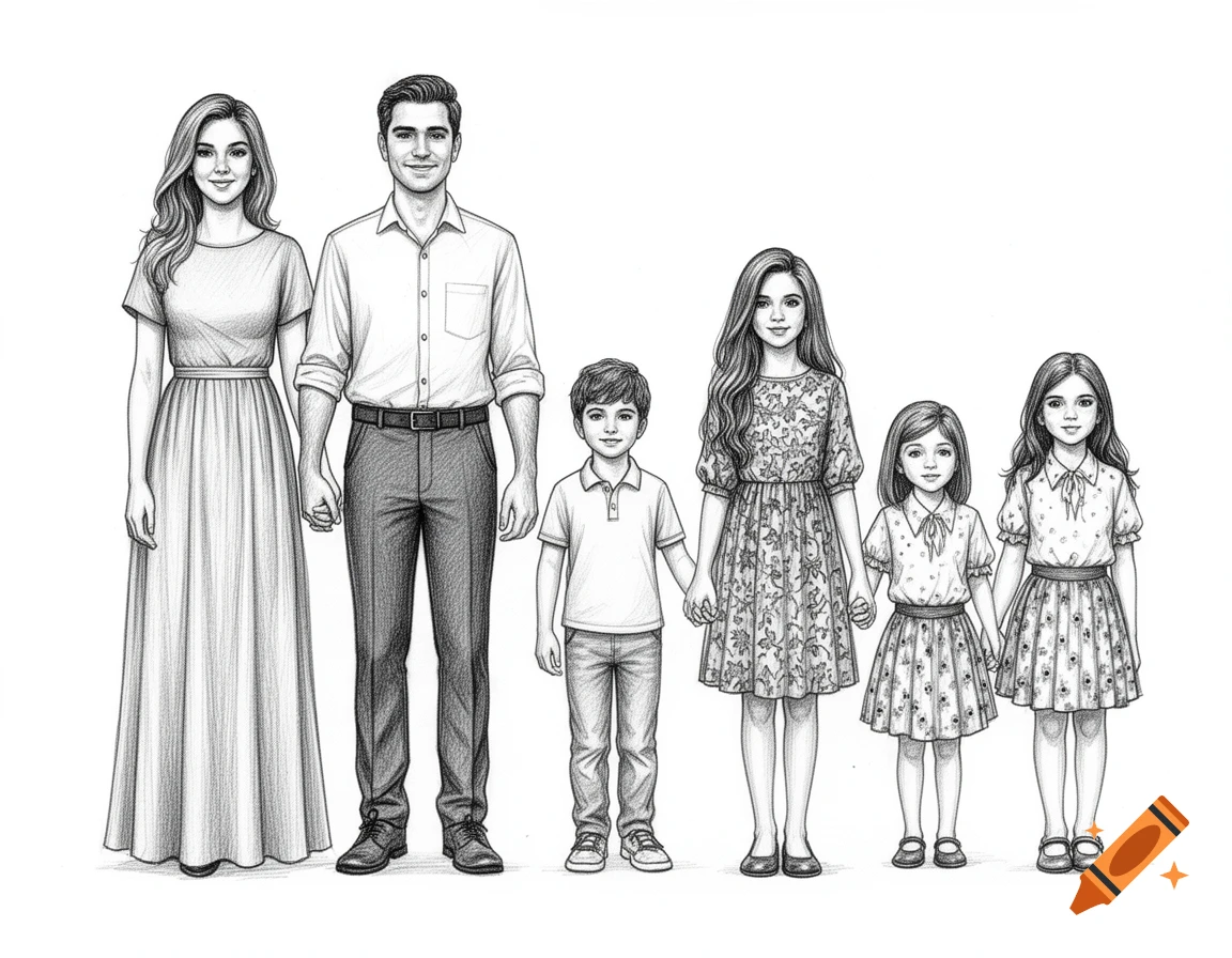 A black and white pencil drawing of a family of six, a mother, father, one boy, and three girls, standing in a line holding hands.