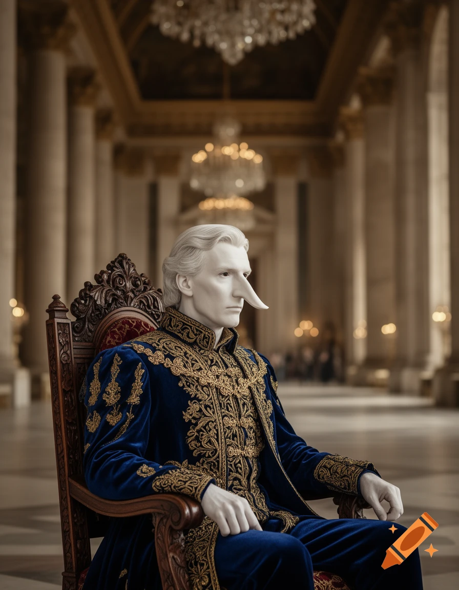 A photorealistic portrait of a pale man with a long nose, wearing an ornate blue and gold royal suit, sitting in a carved chair within a grand hall.