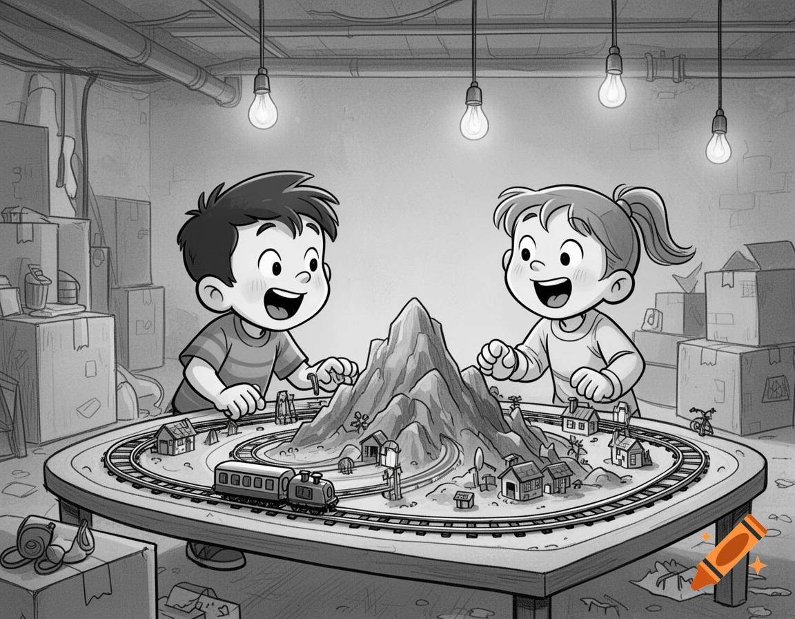 A black and white cartoon shows a happy boy and girl playing with a detailed tabletop electric train set in a messy basement.
